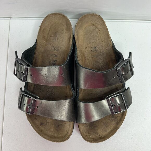Birkenstock Women’s Size 37 US 6 6.5 Leather Sandals Anthracite Metallic Pewter - Picture 6 of 13